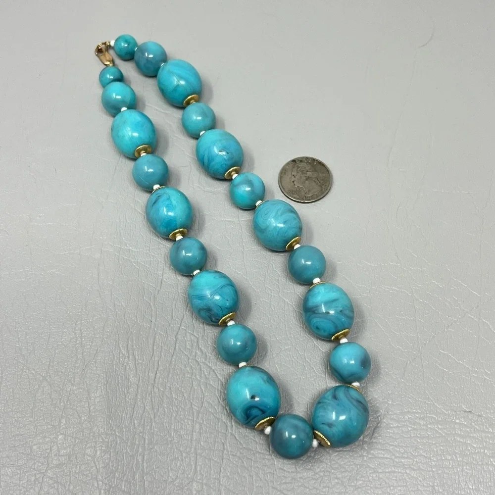 Vintage‎ Blue Marbled Bead Necklace Gold Tone Caps and Clasp